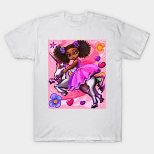 Curly hair Princess on a unicorn pony 3 - black girl with curly afro hair on a horse. Black princess T-Shirt